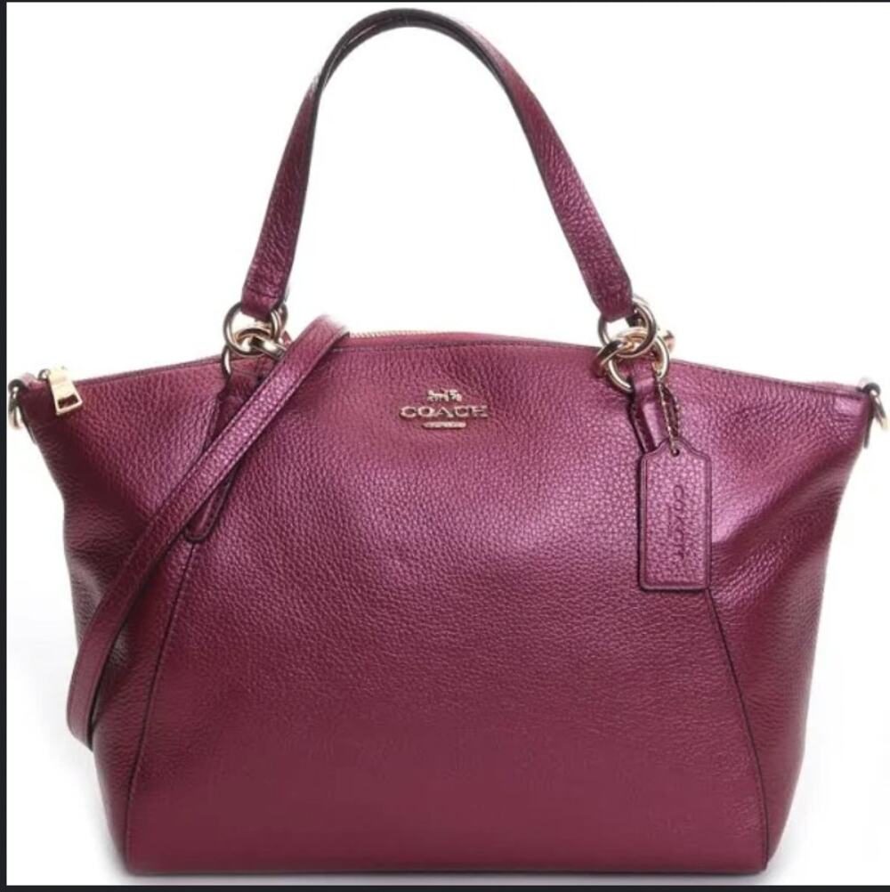 Coach Pebbled Leather Satchel Crossbody Bag Metallic Burgundy Gold Hardware